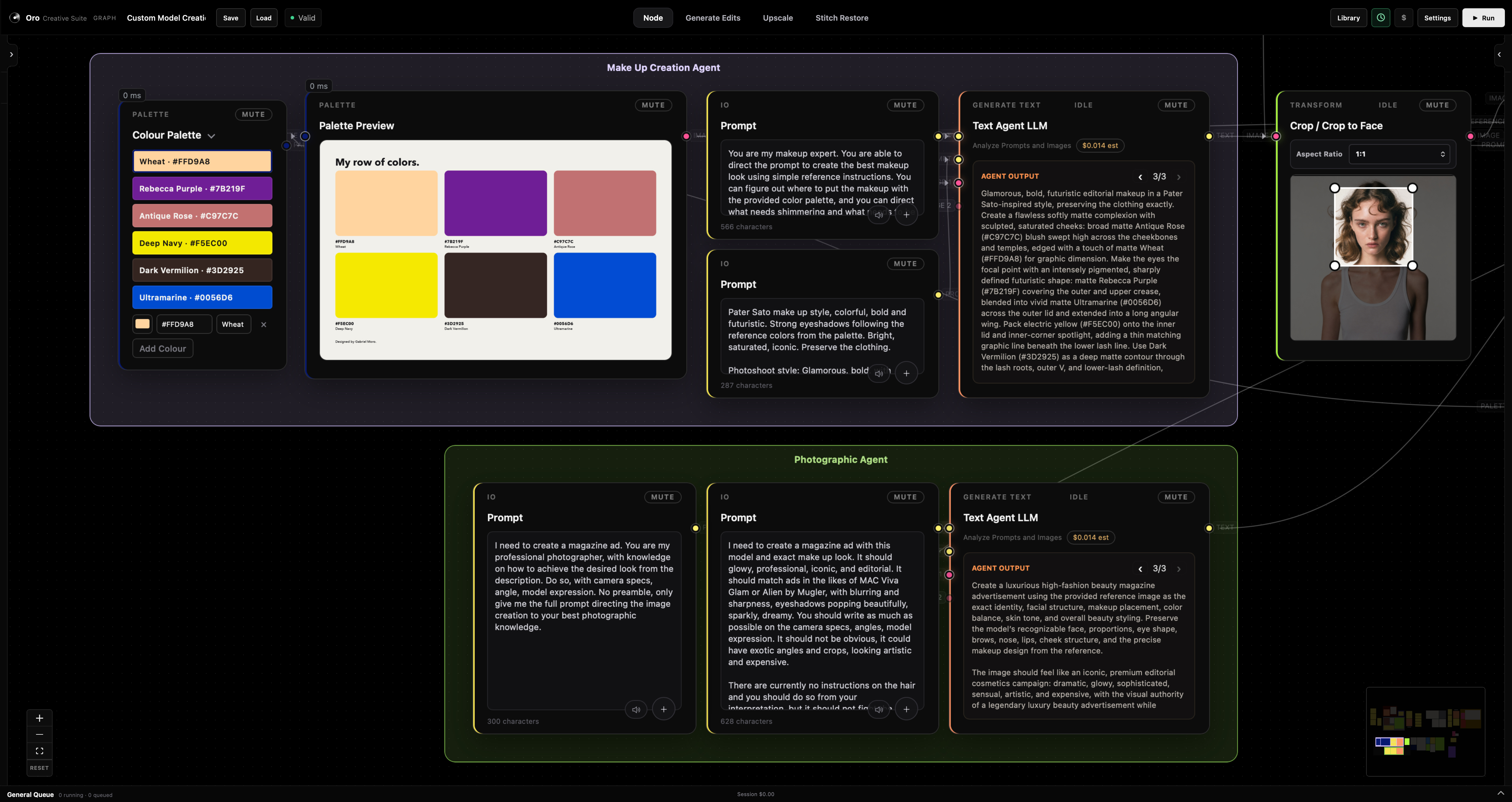 Oro workflow grouping a color palette, palette preview, makeup direction, photographic direction, and crop controls.