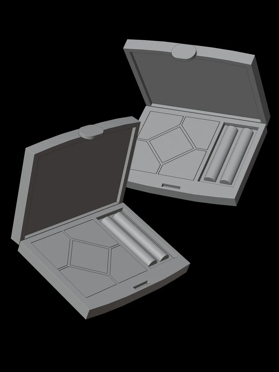 3D reference of two open eyeshadow palettes before image generation